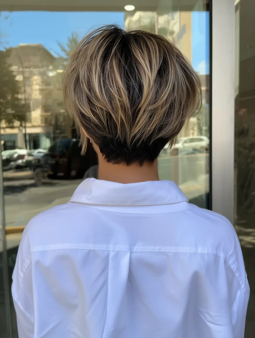 Voluminous Textured Ash Brown Pixie with Honey Blonde Highlights